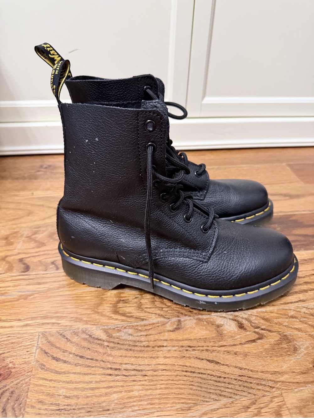 Dr. Martens Black Leather Lace-Up Ankle Boots with Yellow Stitching